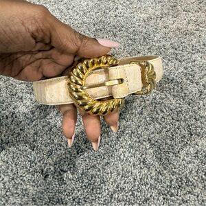 Vintage Saks Fifth Avenue Ivory Genuine Snakeskin Gold Buckle Women’s Belt Large
